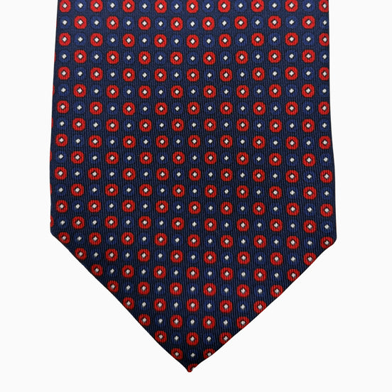 Navy Blue and Red Medallion Motif Silk Tie – Made in Italy