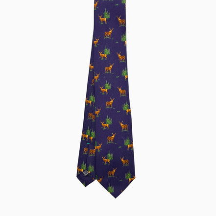 Navy Blue Deer Motif Silk Tie – Made in Italy