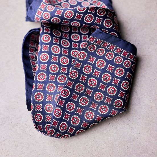 Dark Blue, Red and White Geometrical Silk Handkerchief – Made in Italy