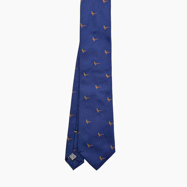Navy Blue Pheasant Motif Silk Tie – Made in Italy