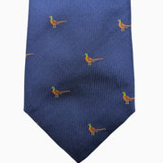 Navy Blue Pheasant Motif Silk Tie – Made in Italy