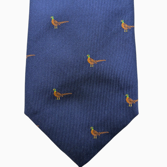 Navy Blue Pheasant Motif Silk Tie – Made in Italy