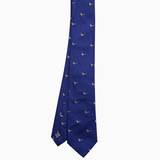Navy Blue Gold Pheasant Motif Silk Tie – Made in Italy