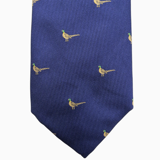 Navy Blue Gold Pheasant Motif Silk Tie – Made in Italy