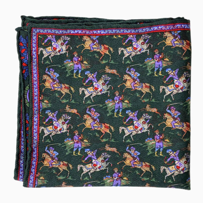 Dark Green Multicolor Equestrian Print Handkerchief – Made in Italy