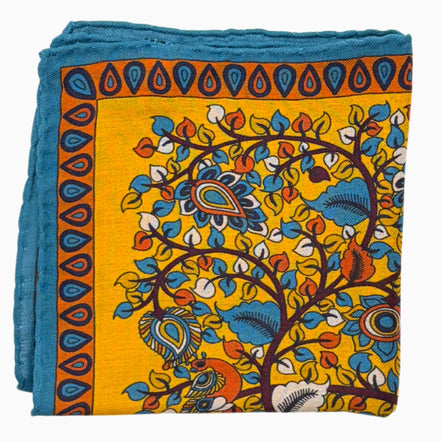 Yellow, Blue & Orange Ornamental Tree & Deer Handkerchief – Made in Italy