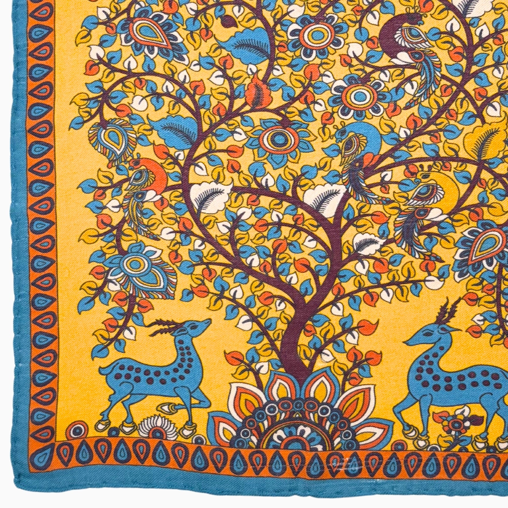 Yellow, Blue & Orange Ornamental Tree & Deer Handkerchief – Made in Italy