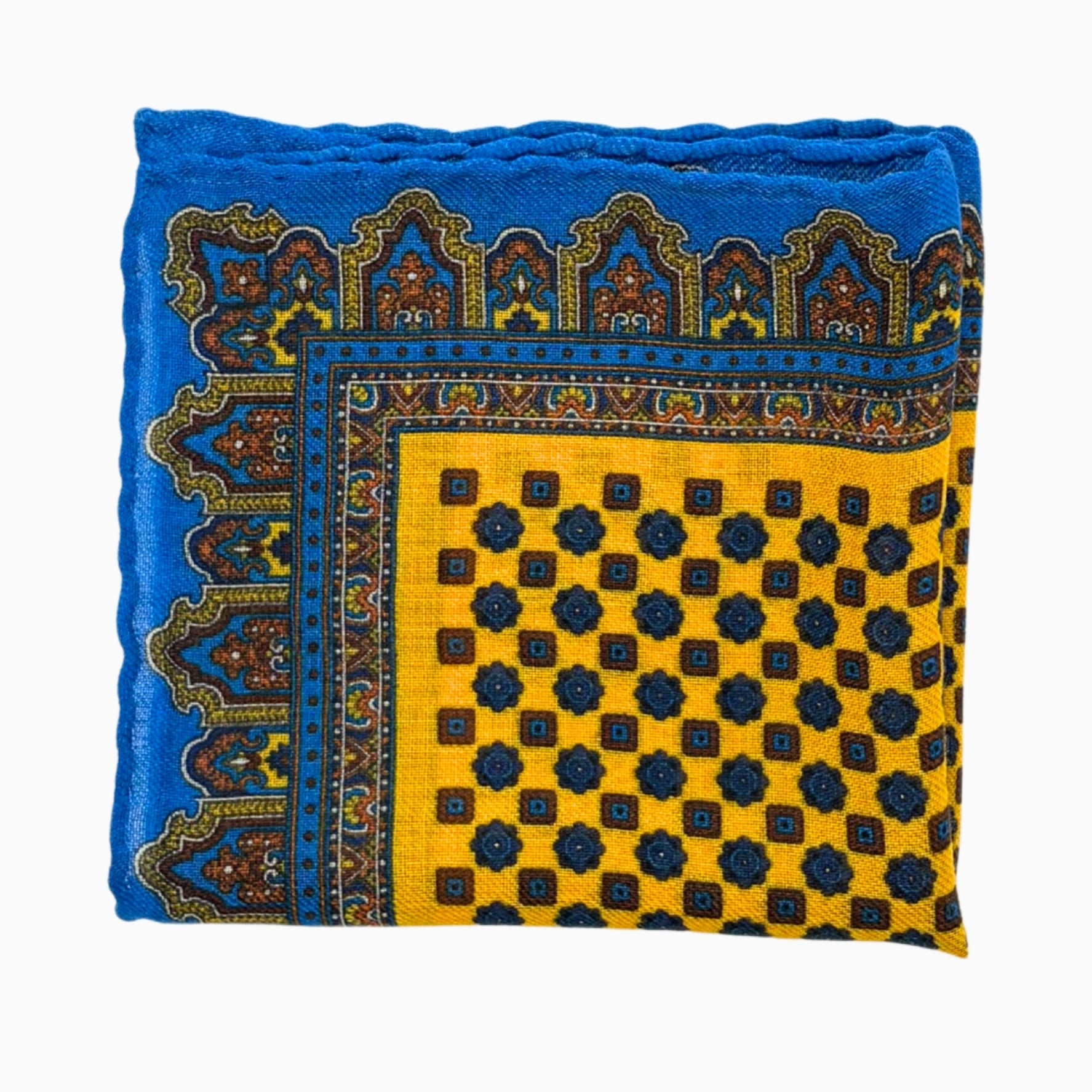 Yellow & Royal Blue Ornamental Geometric Handkerchief – Made in Italy