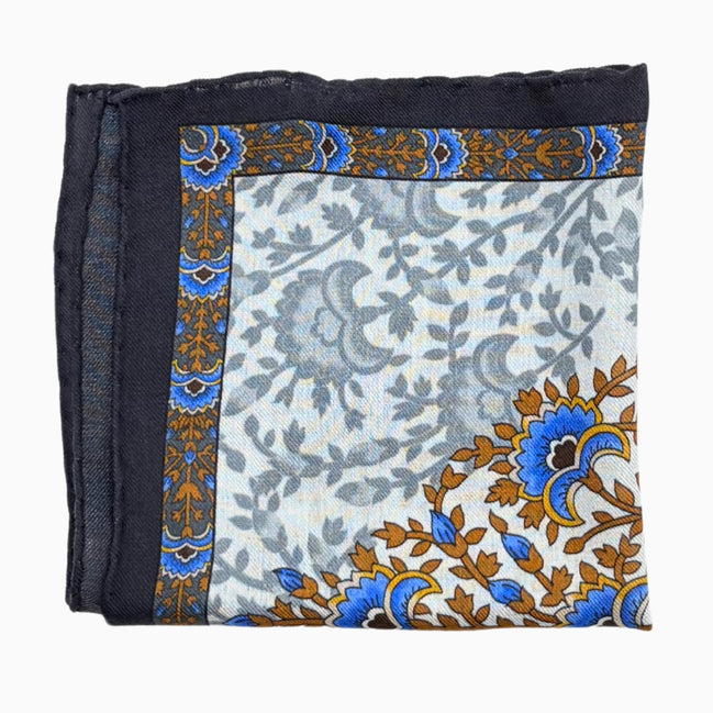 Light Blue, Brown & Navy Floral Border Handkerchief – Made in Italy