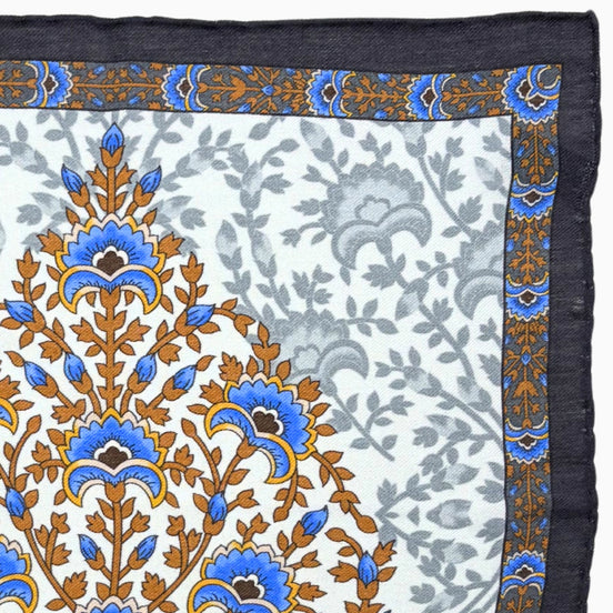Light Blue, Brown & Navy Floral Border Handkerchief – Made in Italy