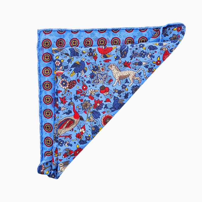 Light Blue Reversible Wildlife & Floral Handkerchief – Made in Italy