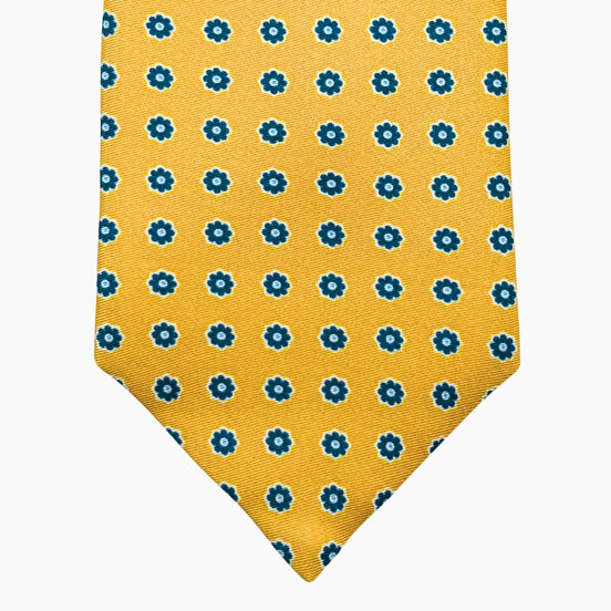 Golden Yellow and Teal Floral Motif Silk Tie – Made in Italy