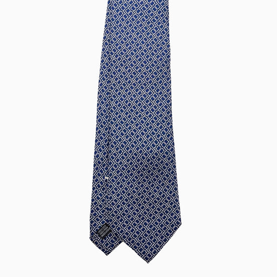 Navy Blue and Ivory Interlocking Motif Silk Tie – Made in Italy