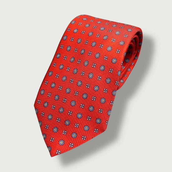Corbata de seda roja con estampado floral geométrico – Fabricada en Italia