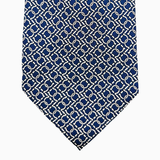 Navy Blue and Ivory Interlocking Motif Silk Tie – Made in Italy