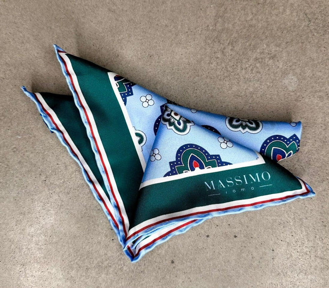 Pañuelo de seda con diseño geométrico verde y azul – Hecho en Italia