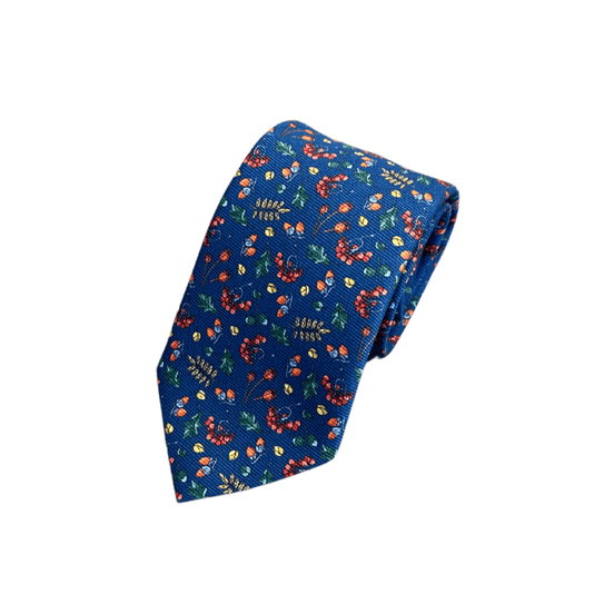 Corbata de seda azul medio con diseño floral – Hecha en Italia