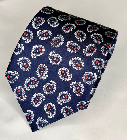Dark Blue Silk Tie with White Paisley Design – Made in Italy