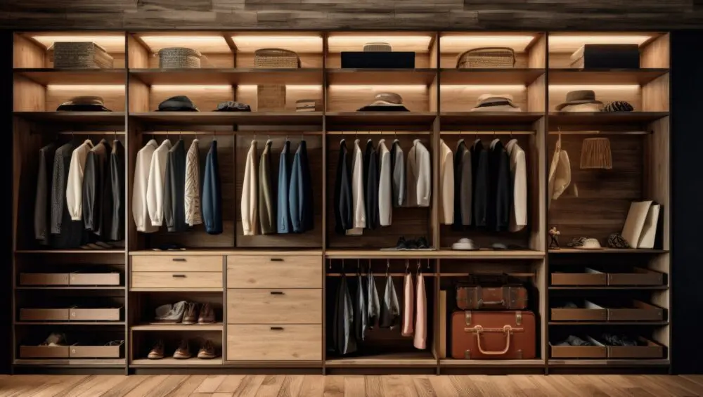 A large wooden closet with many clothes on it.