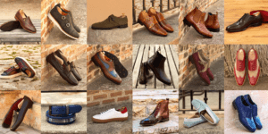 A collage of different shoes and boots on the ground.
