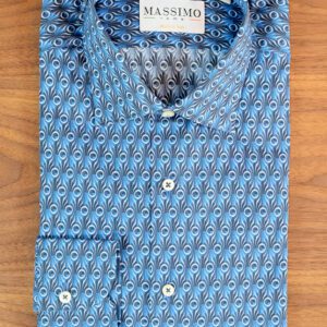 A blue shirt with a pattern of people on it.