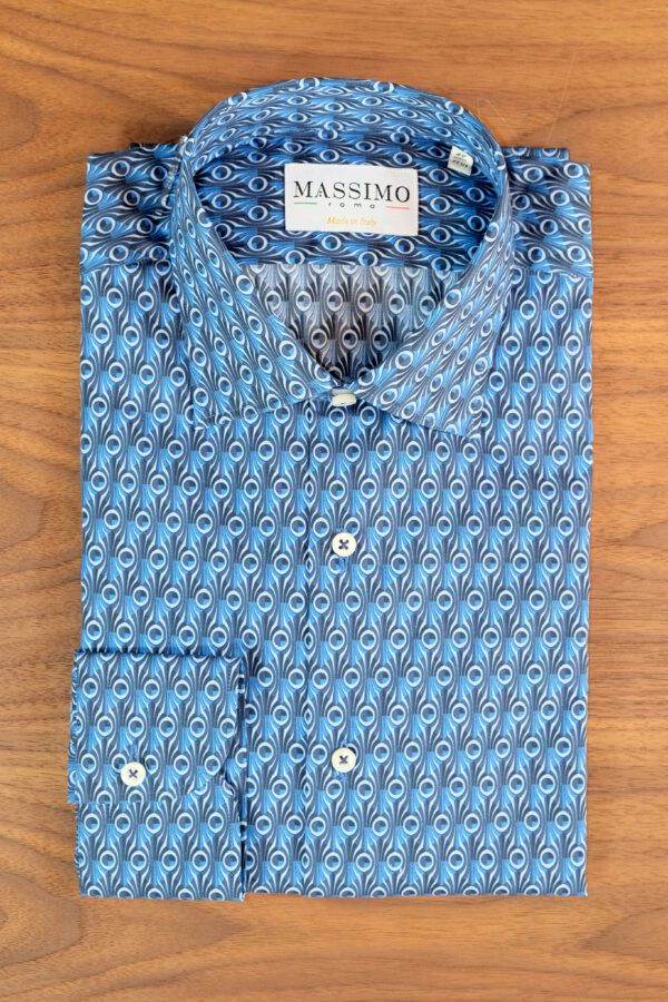 A blue shirt with a pattern of people on it.