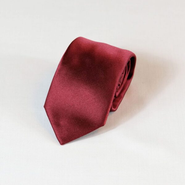 A red tie is laying on the floor.