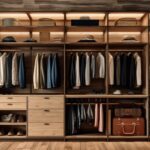 A large wooden closet with many clothes on it.