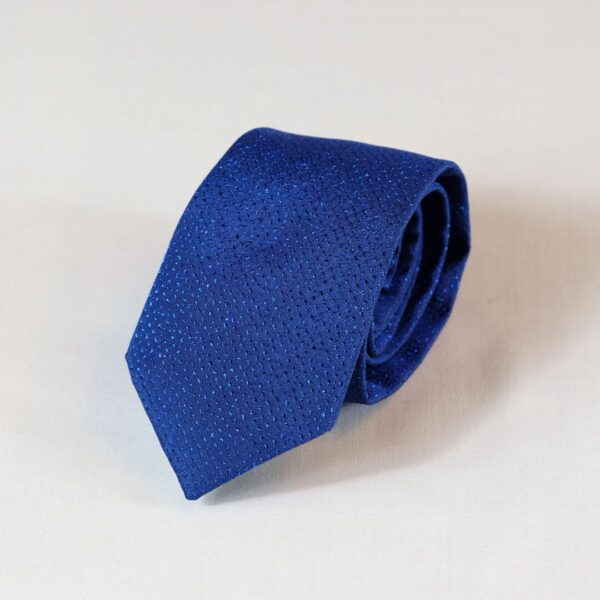 A blue tie is laying on the ground.