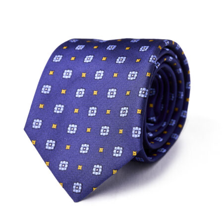 A blue tie with yellow and white squares on it