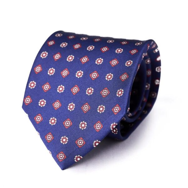 A blue tie with red and white squares on it