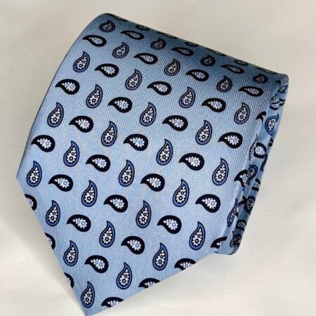 A blue tie with black and white paisley pattern.