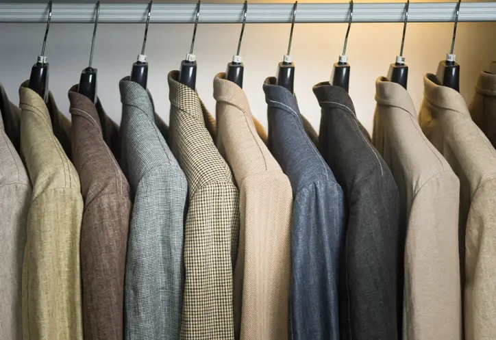 A row of suits hanging on clothes racks.