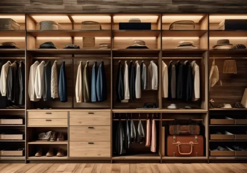 A large closet with many clothes and shoes.